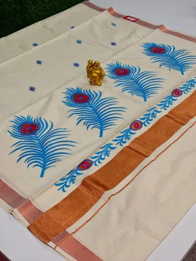 Designer Floral Border Saree – Off White & Red